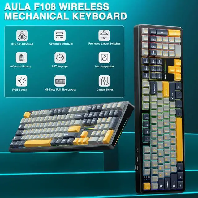 Alt view image 3 of 7 - AULA Wireless Keyboard and Mouse Combo, F108 Full Size Mechanical Keyboard SC580 Tri-Mode Gaming Mouse