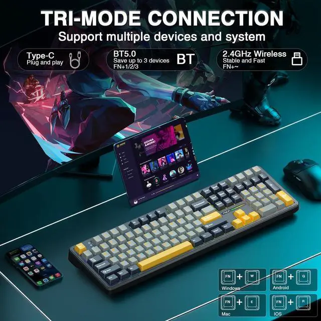 Alt view image 4 of 7 - AULA Wireless Keyboard and Mouse Combo, F108 Full Size Mechanical Keyboard SC580 Tri-Mode Gaming Mouse
