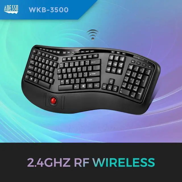 Alt view image 3 of 7 - Adesso WKB-3500UB - Wireless Ergonomic Desktop Keyboard with Built-in Trackball