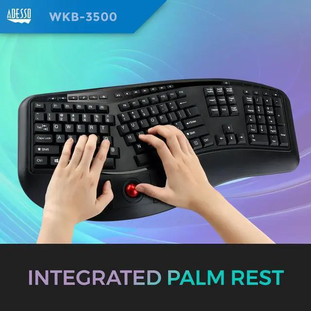Alt view image 4 of 7 - Adesso WKB-3500UB - Wireless Ergonomic Desktop Keyboard with Built-in Trackball