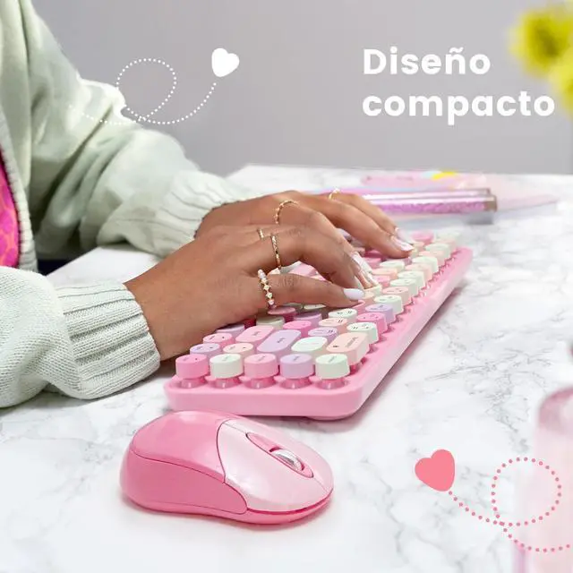 Alt view image 2 of 7 - Perixx PERIDUO-802PK ES Set de ratón y Mini Teclado inalámbrico Bluetooth - Teclas Retro Redondas - Rosado Pastel - Español QWERTY