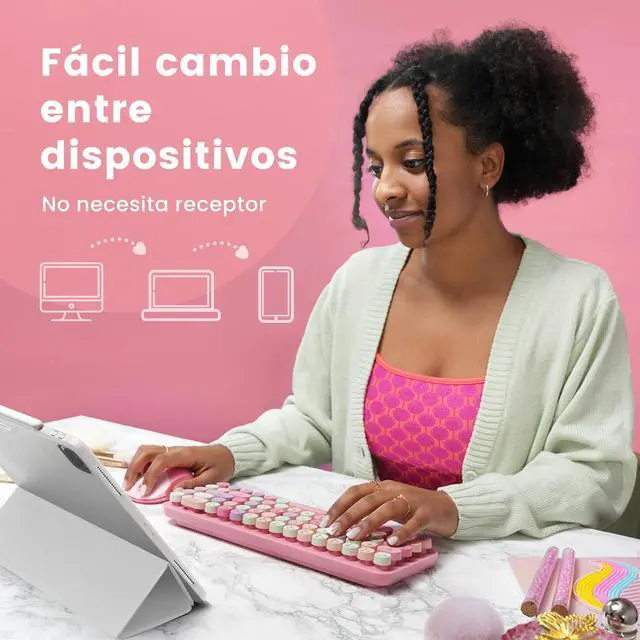 Alt view image 4 of 7 - Perixx PERIDUO-802PK ES Set de ratón y Mini Teclado inalámbrico Bluetooth - Teclas Retro Redondas - Rosado Pastel - Español QWERTY