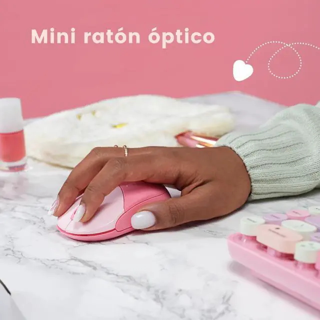 Alt view image 5 of 7 - Perixx PERIDUO-802PK ES Set de ratón y Mini Teclado inalámbrico Bluetooth - Teclas Retro Redondas - Rosado Pastel - Español QWERTY
