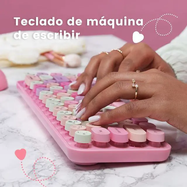 Alt view image 6 of 7 - Perixx PERIDUO-802PK ES Set de ratón y Mini Teclado inalámbrico Bluetooth - Teclas Retro Redondas - Rosado Pastel - Español QWERTY