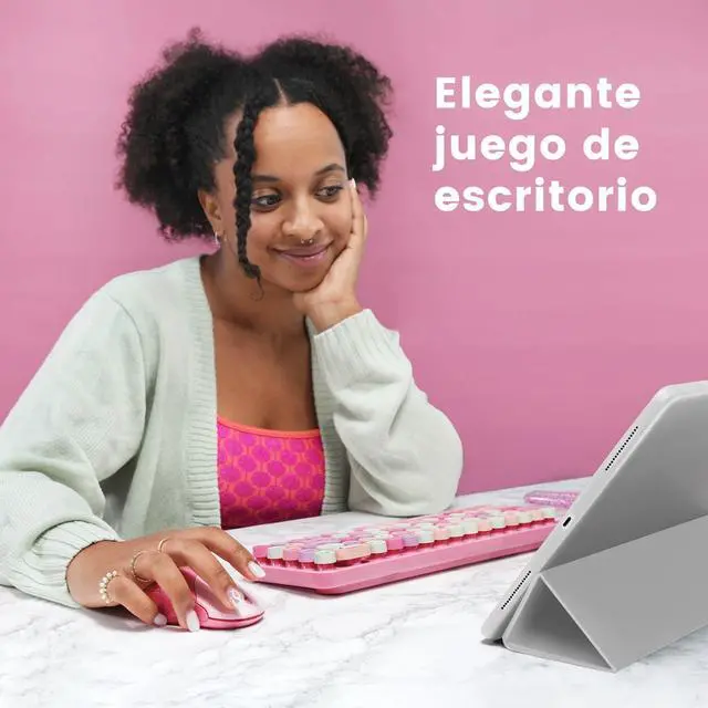 Alt view image 7 of 7 - Perixx PERIDUO-802PK ES Set de ratón y Mini Teclado inalámbrico Bluetooth - Teclas Retro Redondas - Rosado Pastel - Español QWERTY