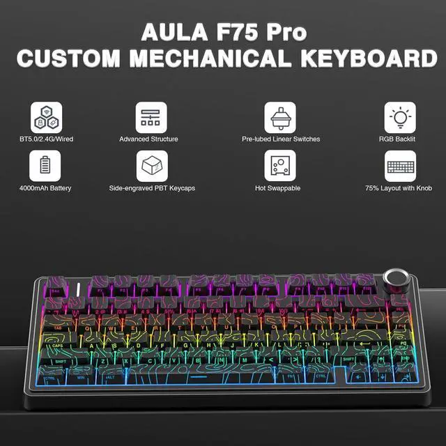Alt view image 2 of 7 - AULA F75 Pro Wireless Mechanical Keyboard with Knob,75% Hot Swappable Custom Gaming Keyboards,RGB Backlit,Pre-lubed Switches,Side Printed PBT Keycaps Creamy Sounding Computer Keyboard, Line Black