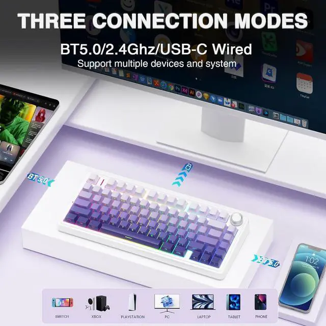 Alt view image 4 of 7 - AULA Wireless Keyboard and Mouse Combo, F75 Pro Mechanical Keyboard SC900 Pro Wireless Mouse