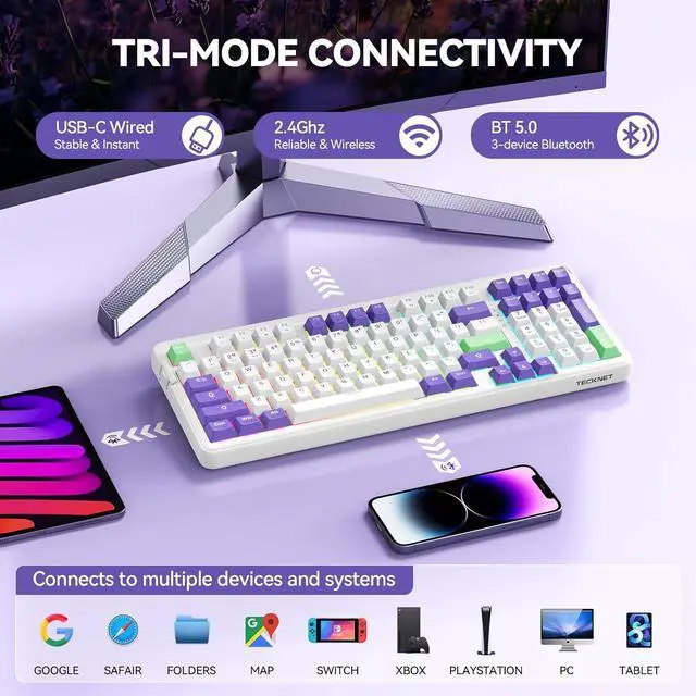 Alt view image 4 of 7 - TECKNET Creamy Keyboard & Mouse Bundle: Tri-Mode Hot-Swappable 96% Mechanical Keyboard (RGB) + 3600DPI Ergonomic Wired Mouse, 3-Year Warranty for Win/Mac
