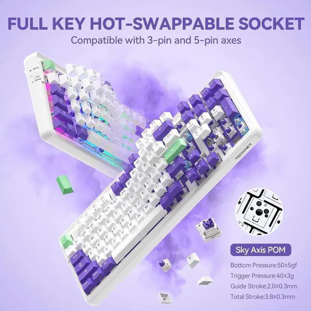 Alt view image 6 of 7 - TECKNET Creamy Keyboard & Mouse Bundle: Tri-Mode Hot-Swappable 96% Mechanical Keyboard (RGB) + 3600DPI Ergonomic Wired Mouse, 3-Year Warranty for Win/Mac