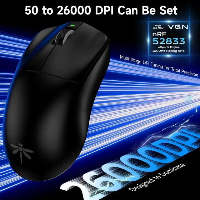 Alt view image 4 of 7 - VGN F1 Pro Max Wireless Gaming Mouse - 55g Ultralight - 26000 Adjustable DPI - 1000Hz Polling Rate - 200h Battery - Wireless & Wired Mode - 6 Programmable Buttons - Professional Grade - USB-C - Black