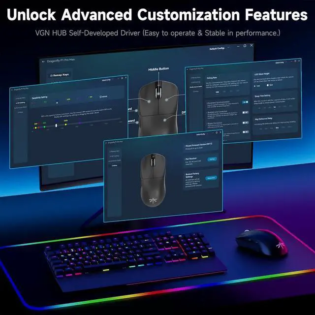 Alt view image 7 of 7 - VGN F1 Pro Max Wireless Gaming Mouse - 55g Ultralight - 26000 Adjustable DPI - 1000Hz Polling Rate - 200h Battery - Wireless & Wired Mode - 6 Programmable Buttons - Professional Grade - USB-C - Black