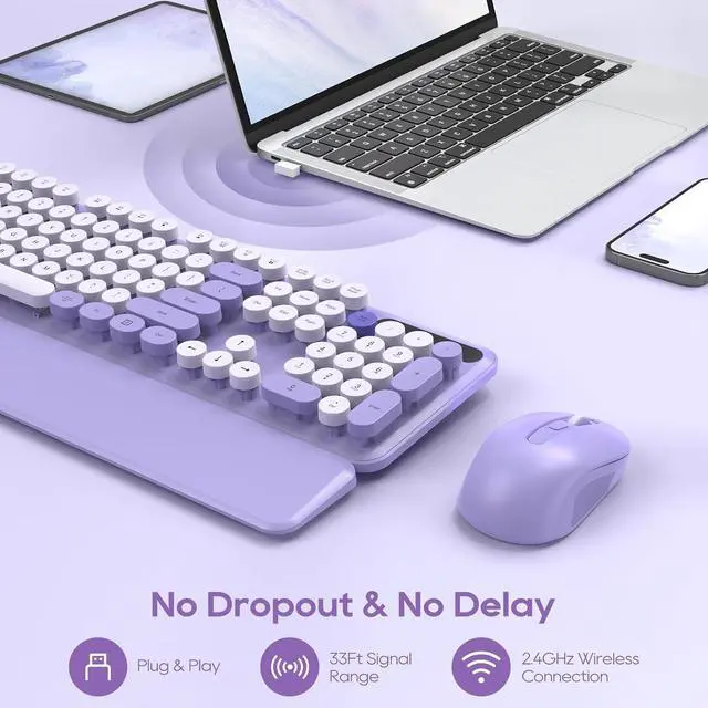 Alt view image 6 of 7 - Pink and Purple Retro Typewriter Wireless Keyboard and Mouse Combo 2 PCS, Cute Colorful Keyboard for Computer/Laptop/Windows/Mac by SABLUTE