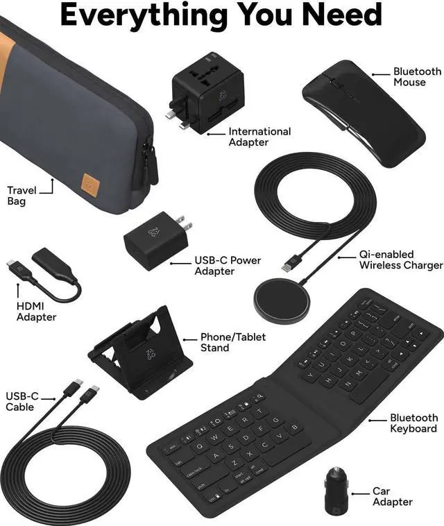 Alt view image 4 of 5 - ZAGG Desktop Essentials International Travel Kit - International Power Adapter, Foldable Bluetooth Keyboard, Mouse, Wireless Charger, USB C Charging Cable, HDMI, Car Charger, 20W USB C Charging Block