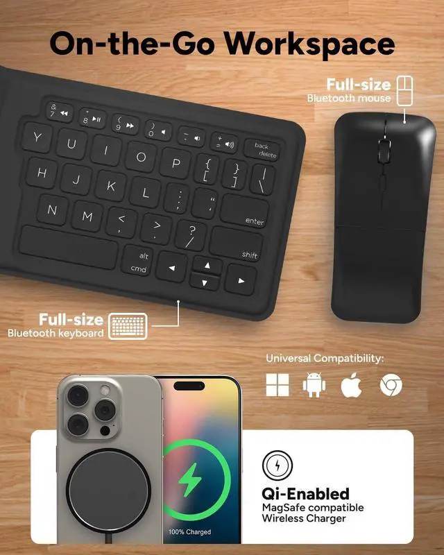 Alt view image 2 of 5 - ZAGG Desktop Essentials International Travel Kit - International Power Adapter, Foldable Bluetooth Keyboard, Mouse, Wireless Charger, USB C Charging Cable, HDMI, Car Charger, 20W USB C Charging Block