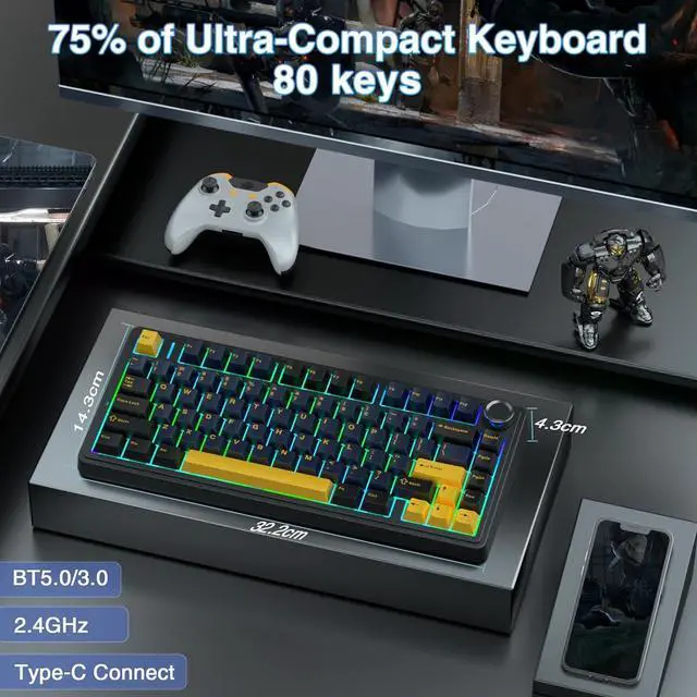 Alt view image 3 of 7 - AULA Gaming Keyboard and Mouse Combo, 75% Wireless Mechanical Keyboards, Gasket Hot Swappable Custom Keyboard+SC580 Wireless Gaming Mouse White