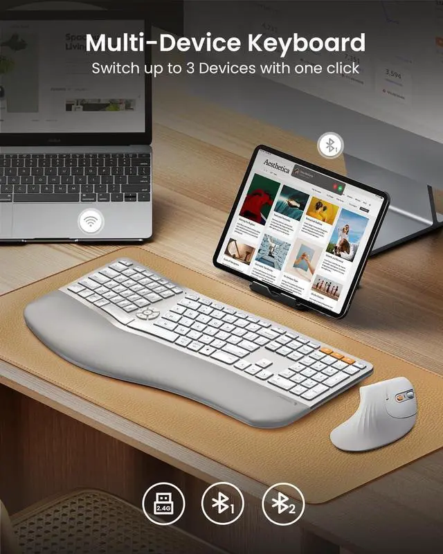 Alt view image 3 of 7 - ProtoArc Backlit Bluetooth Ergonomic Keyboard, EK01 Plus Full Size Wireless Split Keyboard with Dual Bluetooth and USB, Cushioned Wrist Rest, Rechargeable, for Windows/Mac/Android, White and Silver