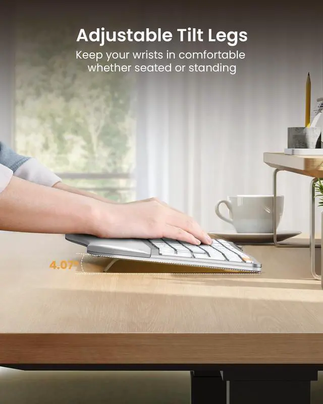Alt view image 7 of 7 - ProtoArc Backlit Bluetooth Ergonomic Keyboard, EK01 Plus Full Size Wireless Split Keyboard with Dual Bluetooth and USB, Cushioned Wrist Rest, Rechargeable, for Windows/Mac/Android, White and Silver
