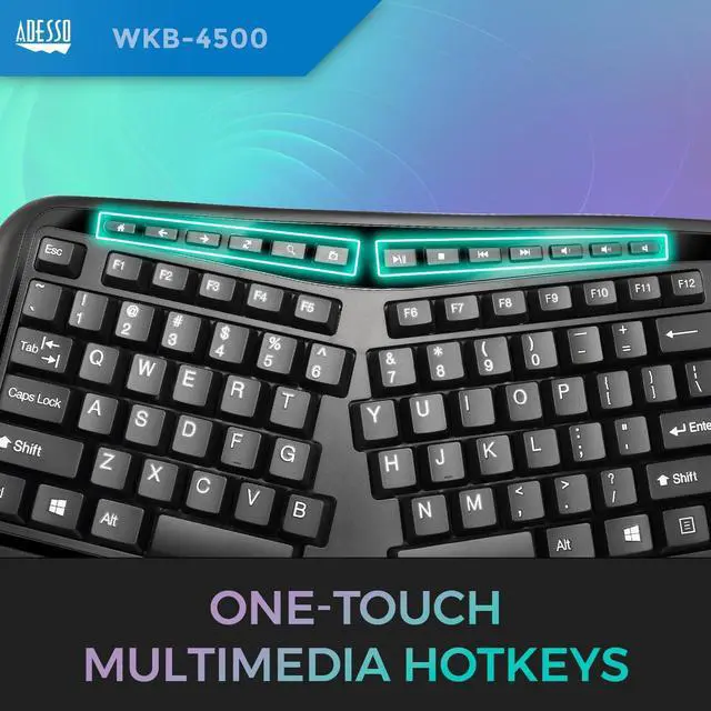 Alt view image 3 of 7 - Adesso WKB-4500UB - Wireless Ergonomic Desktop Touchpad Keyboard, Split Keys Design, Palm Rest, Media Control Hotkeys, Long Battery Life - Compatible for Laptop/Desktop, Black