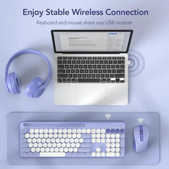 Alt view image 7 of 7 - Pink and Purple Retro Typewriter Keyboard and Mouse Combo with Phone/Tablet Holder, Cute Colorful Keyboard for Computer/Laptop/Windows/Mac by SABLUTE