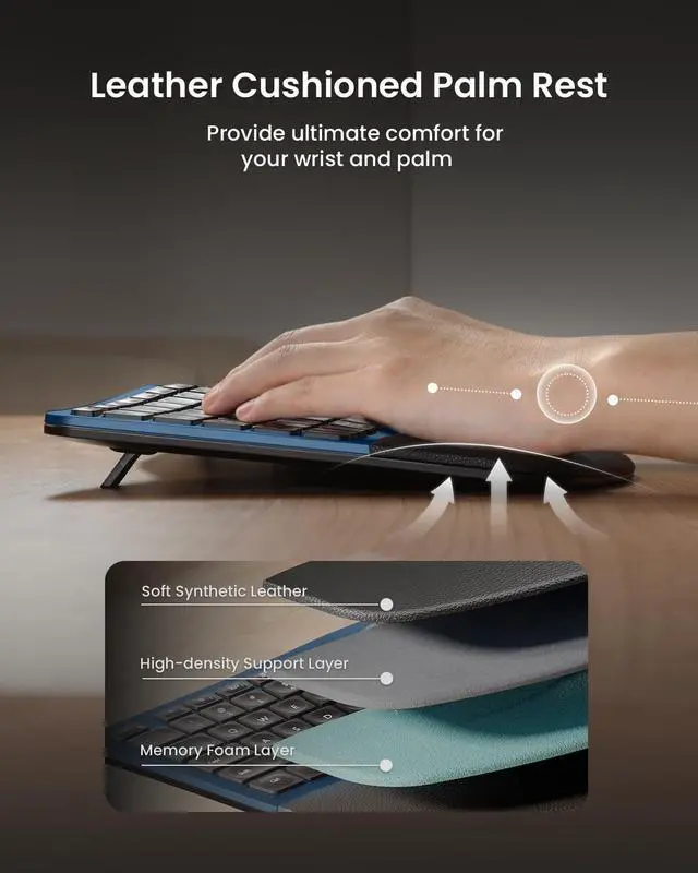 Alt view image 3 of 7 - ProtoArc Ergonomic Wireless Keyboard Mouse, EKM01 Plus Full Size Ergo Bluetooth Keyboard Mouse Combo, Split Design, Wrist Rest, Multi-Device, Rechargeable, for Windows/Mac OS - Blue