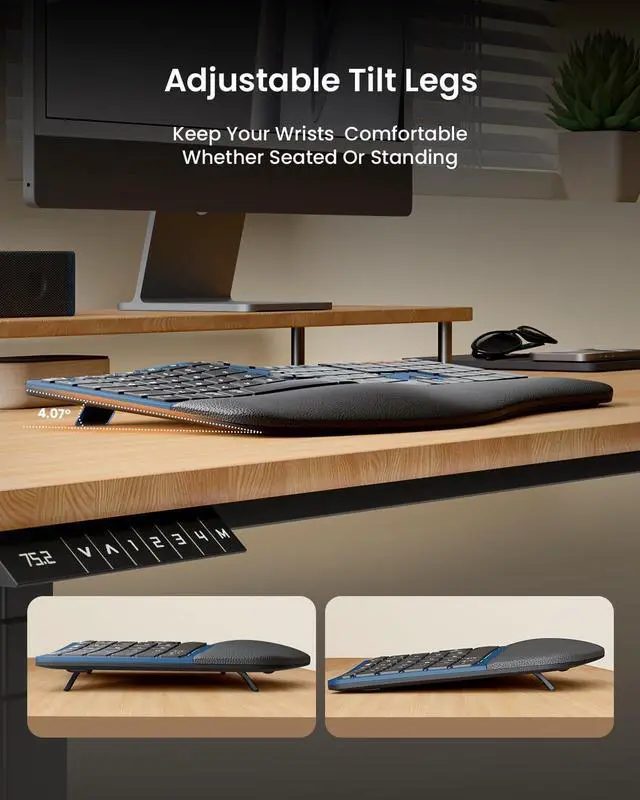 Alt view image 4 of 7 - ProtoArc Ergonomic Wireless Keyboard Mouse, EKM01 Plus Full Size Ergo Bluetooth Keyboard Mouse Combo, Split Design, Wrist Rest, Multi-Device, Rechargeable, for Windows/Mac OS - Blue