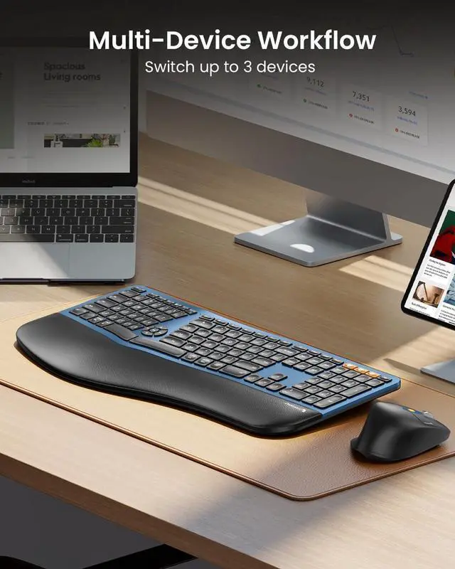 Alt view image 6 of 7 - ProtoArc Ergonomic Wireless Keyboard Mouse, EKM01 Plus Full Size Ergo Bluetooth Keyboard Mouse Combo, Split Design, Wrist Rest, Multi-Device, Rechargeable, for Windows/Mac OS - Blue