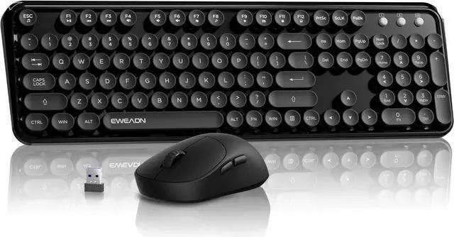 Main image of V96 Wireless Keyboard and Mouse Combo, 2.4G Wireless Full-Sized Retro Typewriter Style Keyboard with Round Keycaps, 104 Keys Computer Keyboards and Mouse for Windows/Mac/PC, Black