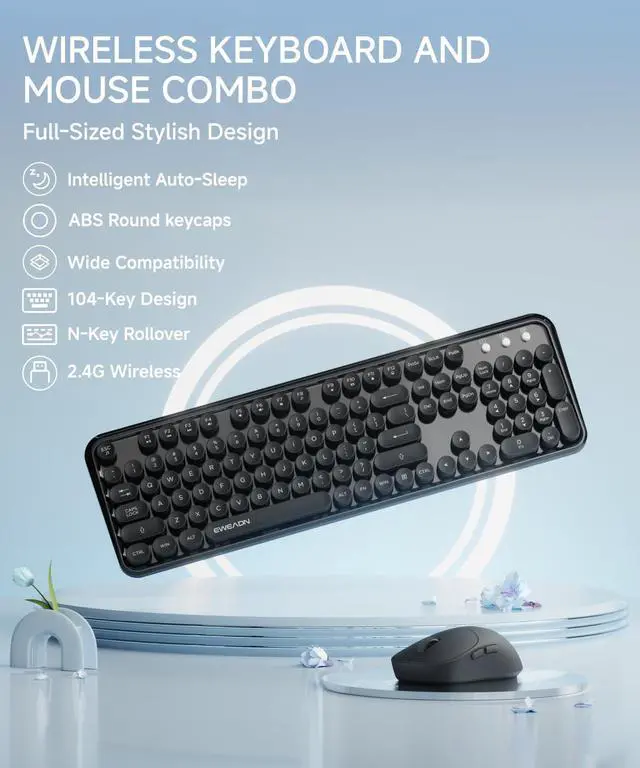 Alt view image 2 of 7 - V96 Wireless Keyboard and Mouse Combo, 2.4G Wireless Full-Sized Retro Typewriter Style Keyboard with Round Keycaps, 104 Keys Computer Keyboards and Mouse for Windows/Mac/PC, Black