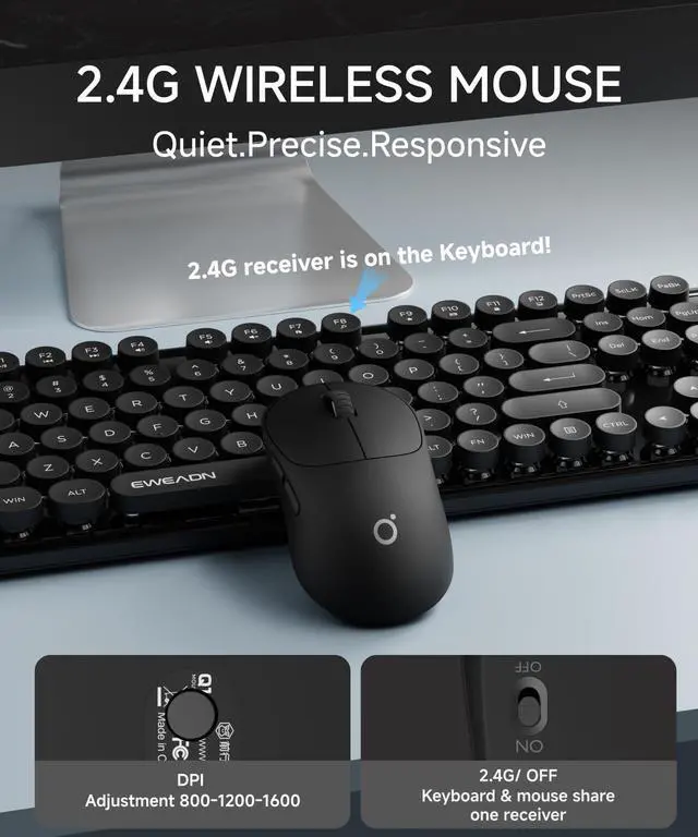 Alt view image 3 of 7 - V96 Wireless Keyboard and Mouse Combo, 2.4G Wireless Full-Sized Retro Typewriter Style Keyboard with Round Keycaps, 104 Keys Computer Keyboards and Mouse for Windows/Mac/PC, Black