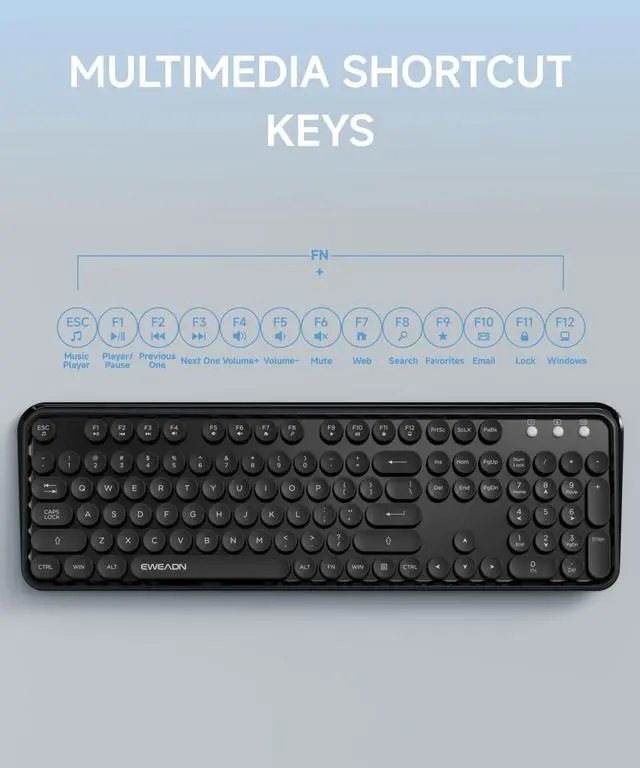 Alt view image 6 of 7 - V96 Wireless Keyboard and Mouse Combo, 2.4G Wireless Full-Sized Retro Typewriter Style Keyboard with Round Keycaps, 104 Keys Computer Keyboards and Mouse for Windows/Mac/PC, Black