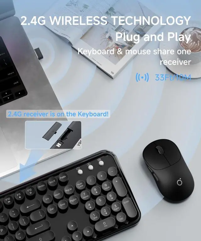 Alt view image 4 of 7 - V96 Wireless Keyboard and Mouse Combo, 2.4G Wireless Full-Sized Retro Typewriter Style Keyboard with Round Keycaps, 104 Keys Computer Keyboards and Mouse for Windows/Mac/PC, Black