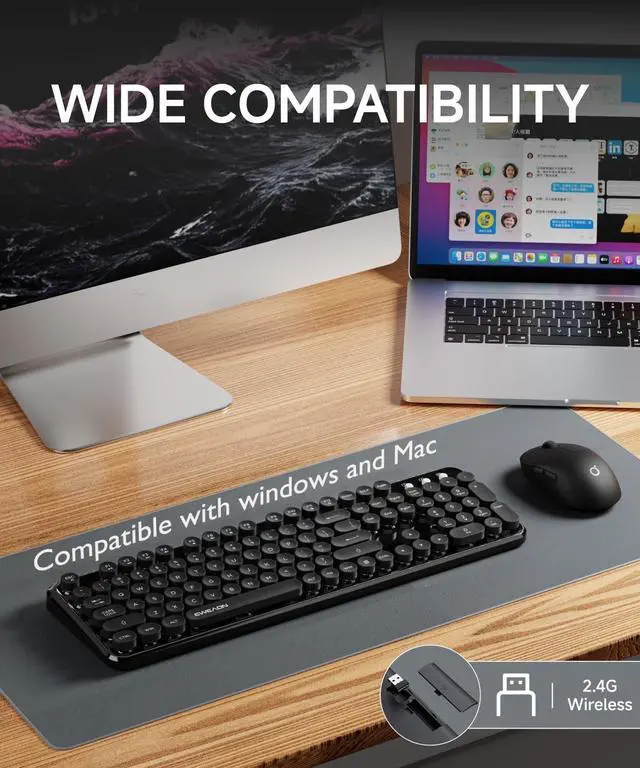 Alt view image 7 of 7 - V96 Wireless Keyboard and Mouse Combo, 2.4G Wireless Full-Sized Retro Typewriter Style Keyboard with Round Keycaps, 104 Keys Computer Keyboards and Mouse for Windows/Mac/PC, Black