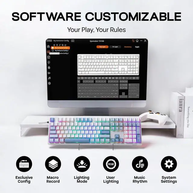 Alt view image 7 of 7 - EPOMAKER TH108 Full Size Mechanical Keyboard, Wireless Gaming Keyboard with 8000mAh Battery, Creamy Gasket, 108 Keys, Hot Swap, Custom Driver, RGB Backlight (Blue&White, Sea Salt Silent)