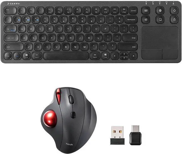 Main image of SANWA Multi-Device Wireless Trackball Mouse and Keyboard with Touchpad, USB-A & Type-C Receiver, Programmable Silent Click Mouse, Rechargeable Keyboard, Compatible with Mac, Windows, Android, Black