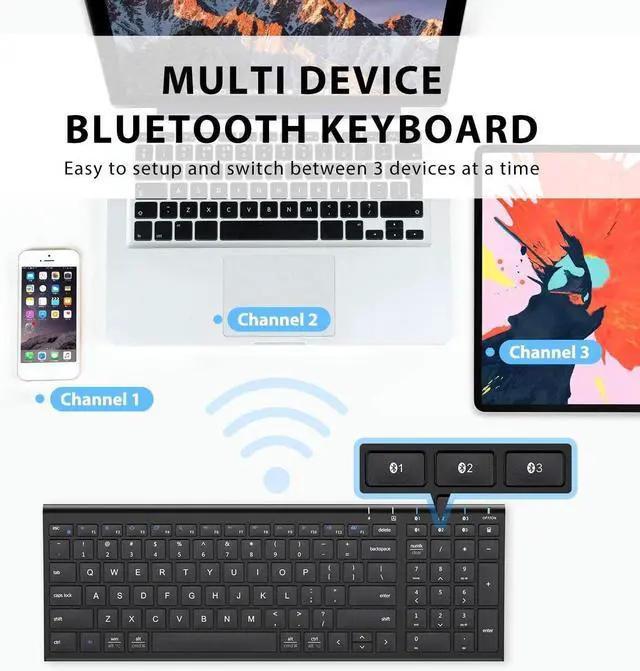Alt view image 2 of 7 - iClever BK10 Bluetooth Keyboard, Universal Bluetooth 5.1 Wireless Keyboard with Number Pad, Ergonomic Design, Multi-Device Compatibility, Stable Connection for Mac, iPad, iPhone, Android, Windows