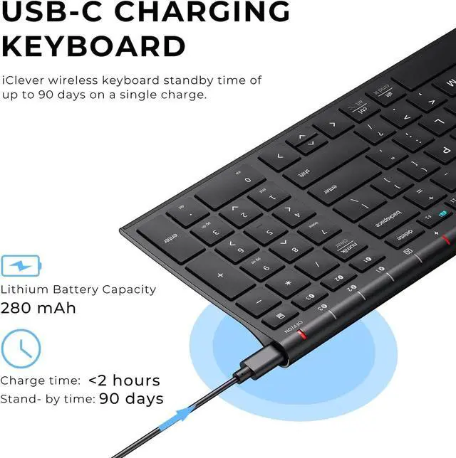 Alt view image 4 of 7 - iClever BK10 Bluetooth Keyboard, Universal Bluetooth 5.1 Wireless Keyboard with Number Pad, Ergonomic Design, Multi-Device Compatibility, Stable Connection for Mac, iPad, iPhone, Android, Windows