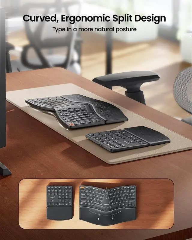 Alt view image 2 of 7 - ProtoArc Wireless Ergonomic Keyboard, EK04 2.4GHz Wireless Ergo Keyboard with Separate Numeric Keypad, Split Design, Hard Wrist Rest, Rechargeable, for Windows PC/Laptop/Desktop