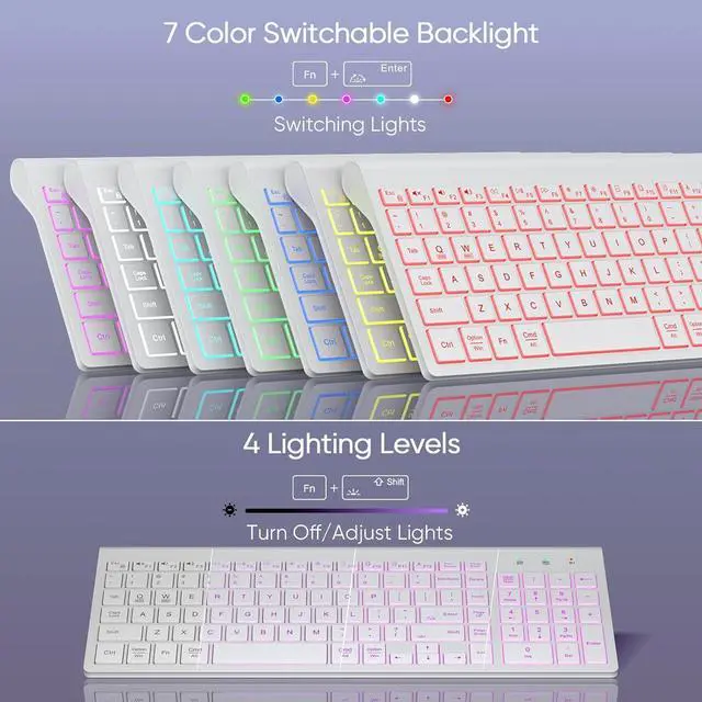 Alt view image 2 of 7 - SABLUTE Wireless Keyboard with 7 Colored Backlits, Rechargeable Silent Compact Cordless Computer Keyboard with Low Profile Quiet Light Up Keys for Windows, PC, Linux, Chrome, Mac (White)