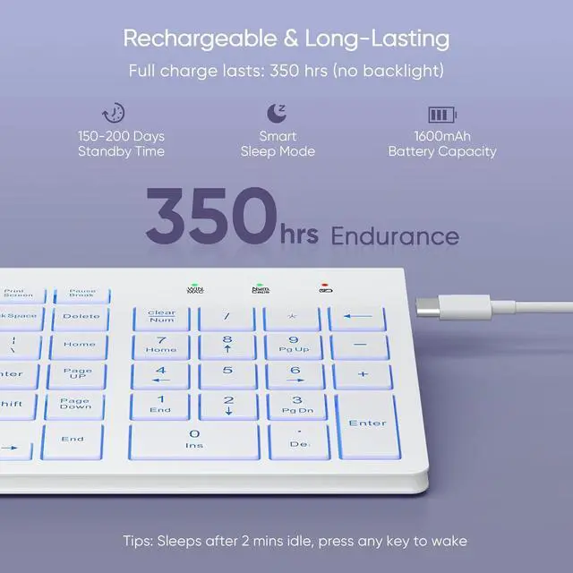 Alt view image 3 of 7 - SABLUTE Wireless Keyboard with 7 Colored Backlits, Rechargeable Silent Compact Cordless Computer Keyboard with Low Profile Quiet Light Up Keys for Windows, PC, Linux, Chrome, Mac (White)
