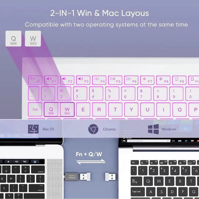 Alt view image 5 of 7 - SABLUTE Wireless Keyboard with 7 Colored Backlits, Rechargeable Silent Compact Cordless Computer Keyboard with Low Profile Quiet Light Up Keys for Windows, PC, Linux, Chrome, Mac (White)