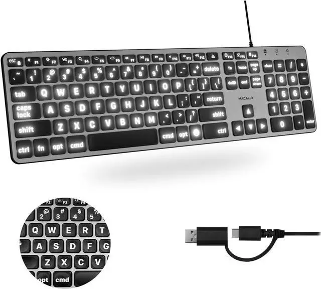 Main image of Macally Wired Keyboard for Mac (USB C + A) - Large Print and Backlit for Apple - 107 Key Full Size Large Letters USB C Keyboard for MacBook Pro/Air, Mac mini, iMac