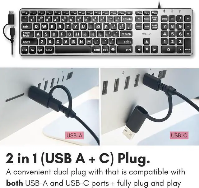 Alt view image 3 of 7 - Macally Wired Keyboard for Mac (USB C + A) - Large Print and Backlit for Apple - 107 Key Full Size Large Letters USB C Keyboard for MacBook Pro/Air, Mac mini, iMac