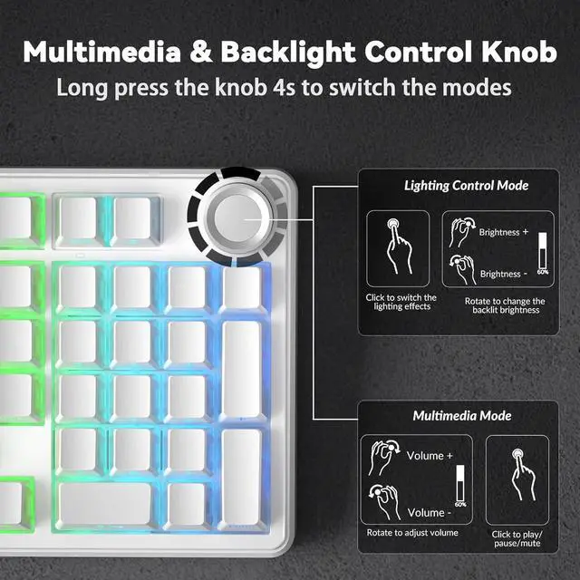 Alt view image 7 of 7 - AULA F99 Pro Wireless Mechanical Keyboard-Silent Version,BT5.0/2.4GHz/USB-C Hot Swappable Custom Keyboard,Gasket Structure,Pre-lubed Linear Switches RGB Backlit Computer Gaming Keyboards,White