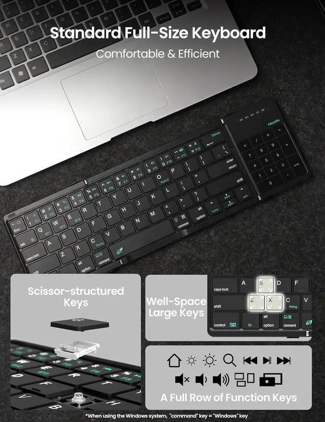 Alt view image 3 of 7 - Nillkin Foldable Travel Keyborad with Touchpad & Number Pad, Bluetooth Wireless Portable Folding Full Size Keyboard with Trackpad for PC Laptop iPad Tablets Smartphone, Silicone Leather Cover, Black