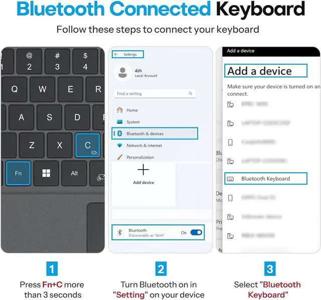 Alt view image 4 of 7 - OMOTON Keyboard for Microsoft Surface Pro 7/7+/6/5/4/3, Wireless Bluetooth Connection, Ultra-Slim Keyboard Type Cover with Touchpad, 7 Colors Backlit and Rechargeable, Grey