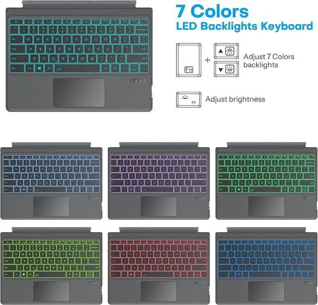 Alt view image 6 of 7 - OMOTON Keyboard for Microsoft Surface Pro 7/7+/6/5/4/3, Wireless Bluetooth Connection, Ultra-Slim Keyboard Type Cover with Touchpad, 7 Colors Backlit and Rechargeable, Grey