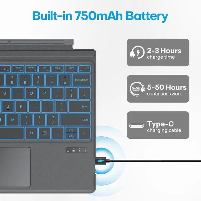 Alt view image 7 of 7 - OMOTON Keyboard for Microsoft Surface Pro 7/7+/6/5/4/3, Wireless Bluetooth Connection, Ultra-Slim Keyboard Type Cover with Touchpad, 7 Colors Backlit and Rechargeable, Grey