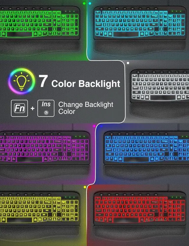 Alt view image 3 of 6 - SABLUTE Ergonomic Keyboard Wired with Cushioned Wrist & Palm Rest, Backlit Computer Keyboards with 7-Color Adjustable Backlight, Comfortable Natural Wave Keys for Windows/Mac, Desktop Laptop