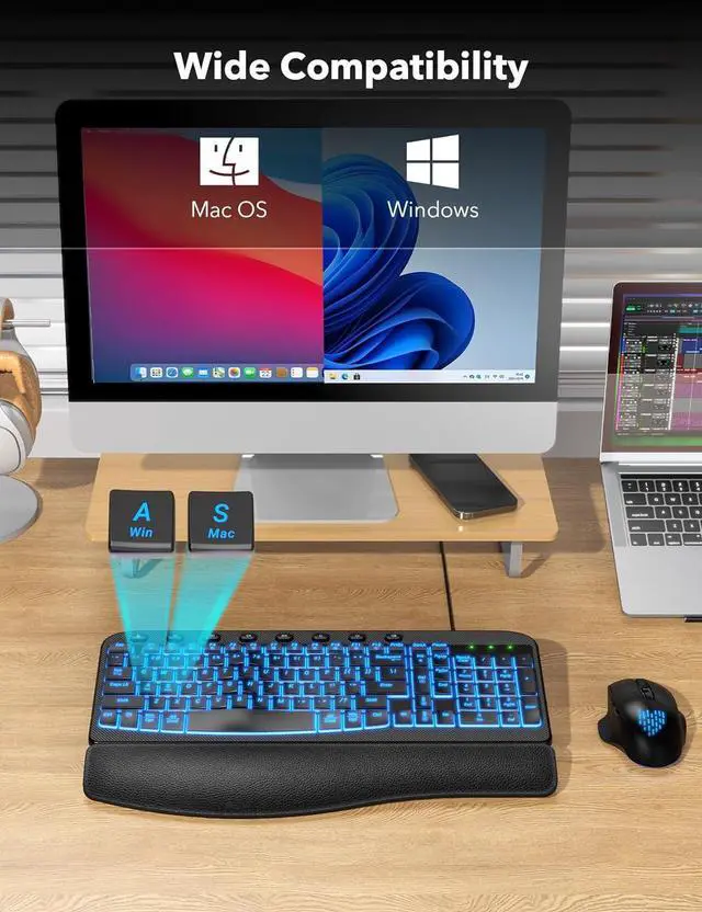 Alt view image 4 of 6 - SABLUTE Ergonomic Keyboard Wired with Cushioned Wrist & Palm Rest, Backlit Computer Keyboards with 7-Color Adjustable Backlight, Comfortable Natural Wave Keys for Windows/Mac, Desktop Laptop