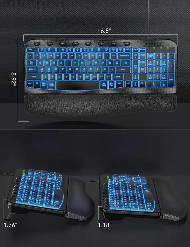 Alt view image 6 of 6 - SABLUTE Ergonomic Keyboard Wired with Cushioned Wrist & Palm Rest, Backlit Computer Keyboards with 7-Color Adjustable Backlight, Comfortable Natural Wave Keys for Windows/Mac, Desktop Laptop